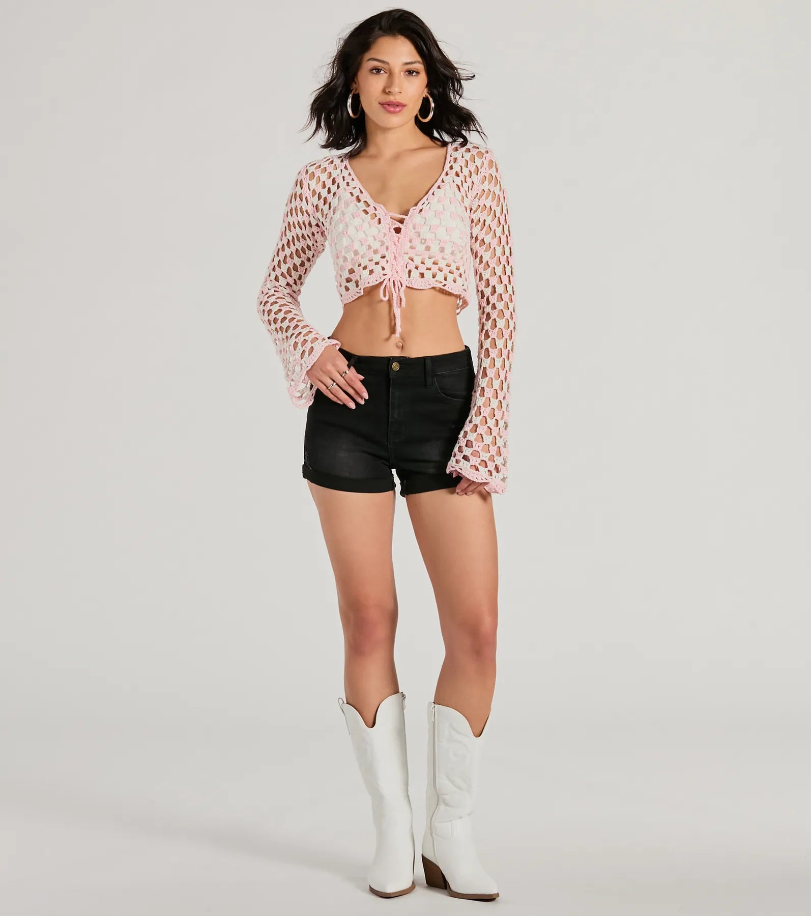 Total Trend Long Sleeve Checker Crochet Sweater - Image 3