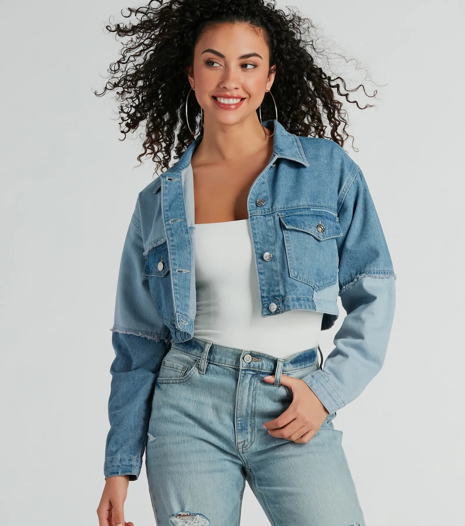 Trendsetter Denim Patchwork Cropped Jean Jacket - Image 2