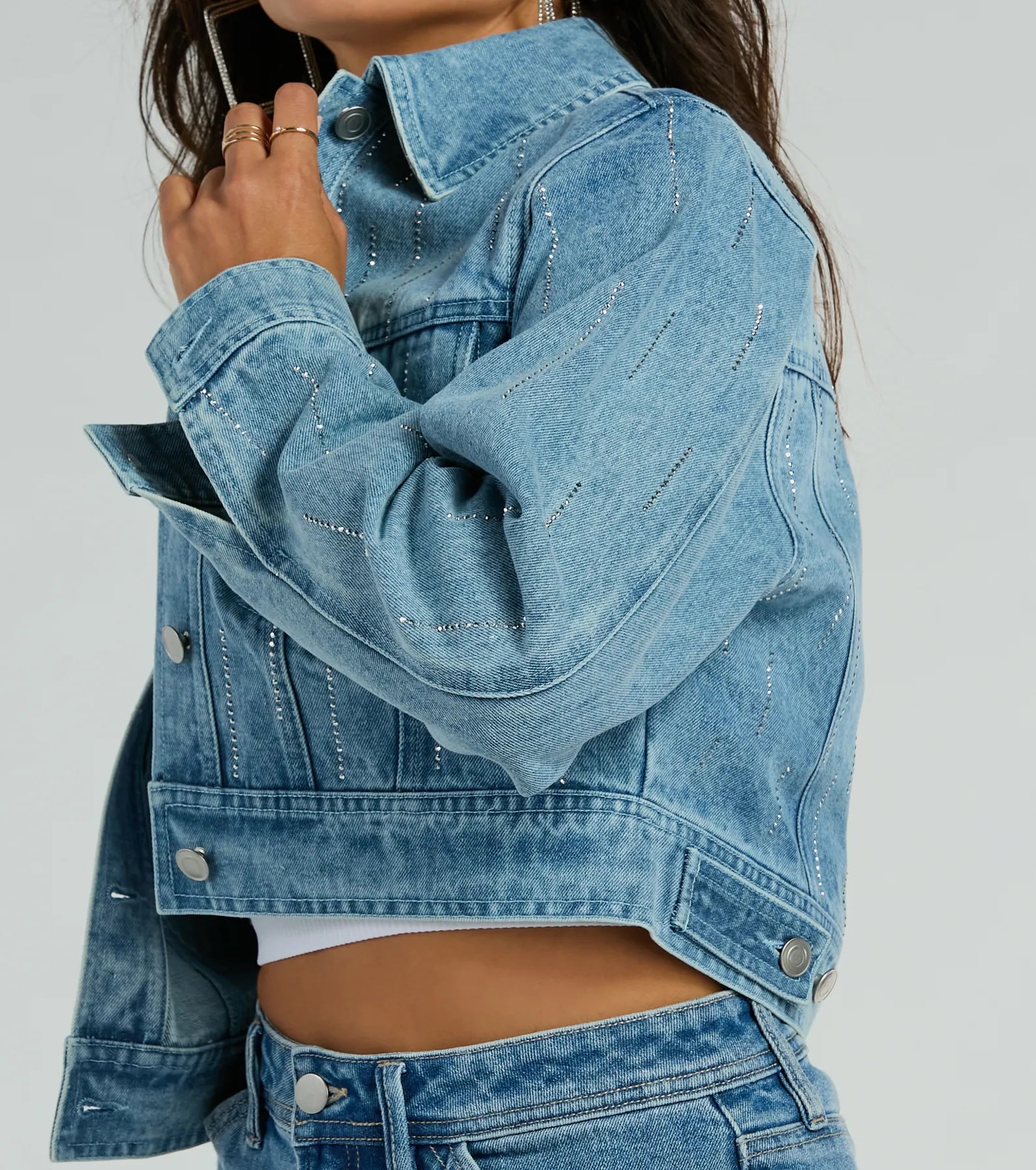 Come And Shine Rhinestone Denim Jacket - Image 4