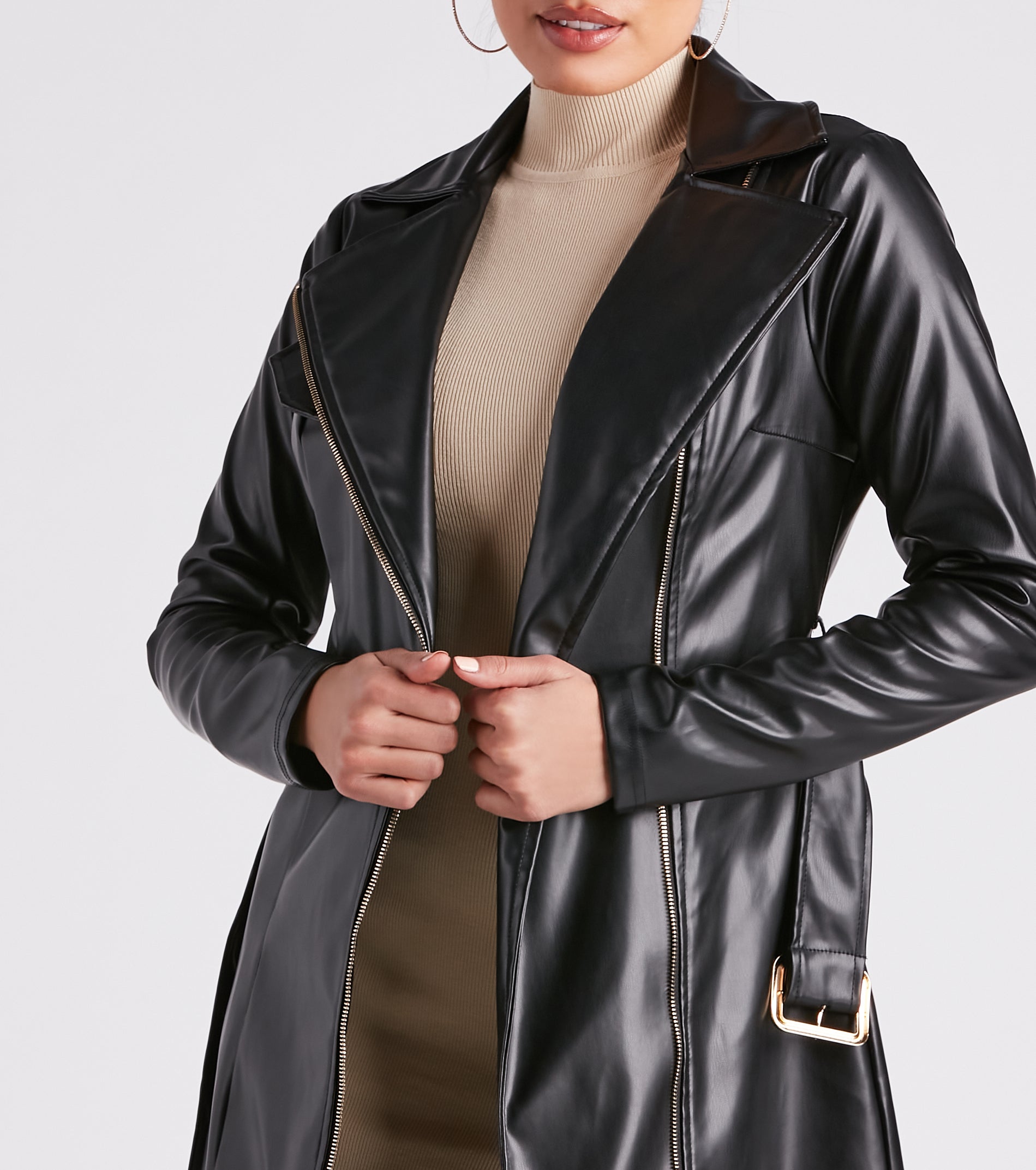 Cinched And Chic Faux Leather Trench Coat - Image 5
