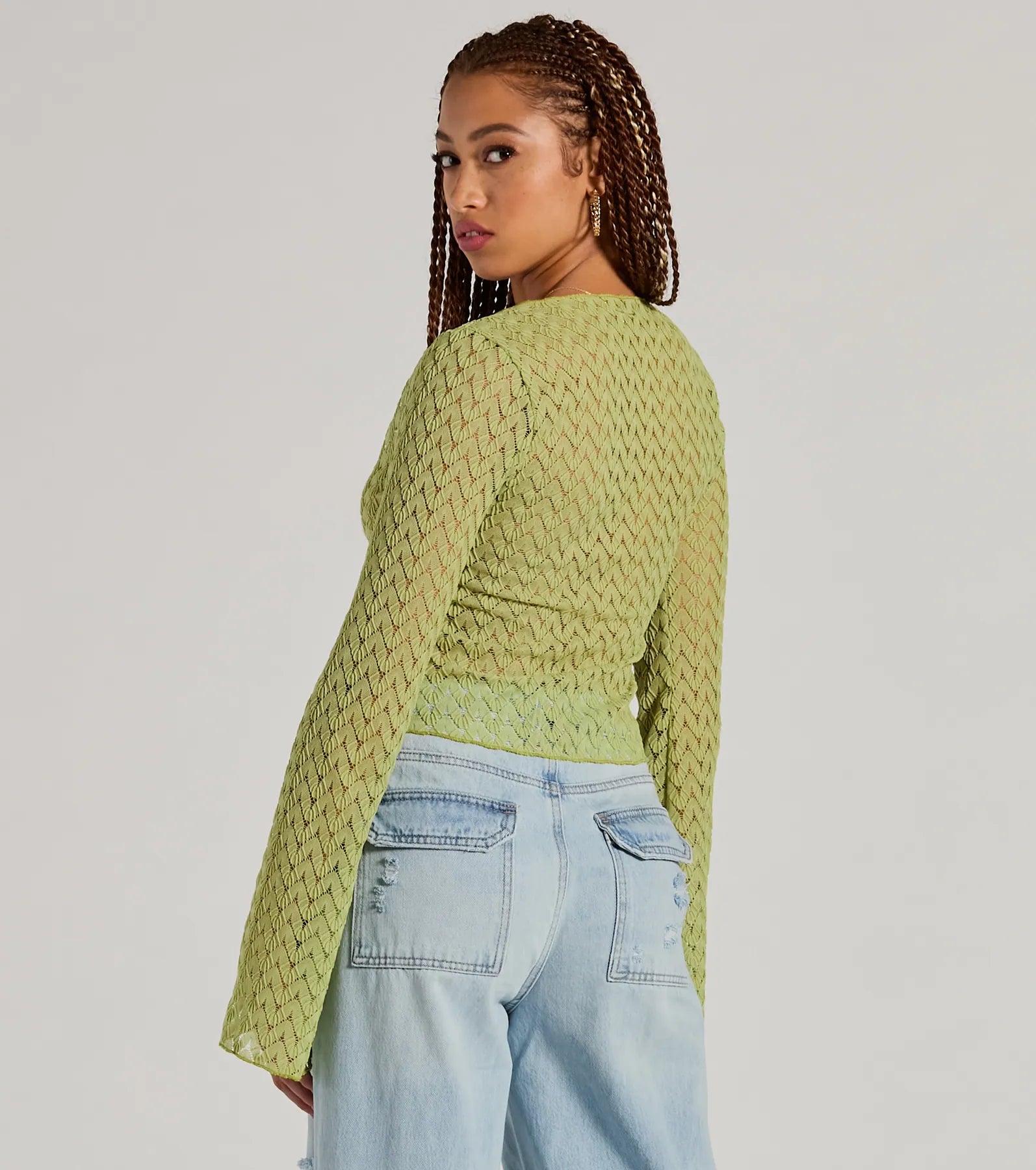 Cabana Honey Tie Front Crochet Crop Sweater - Image 2