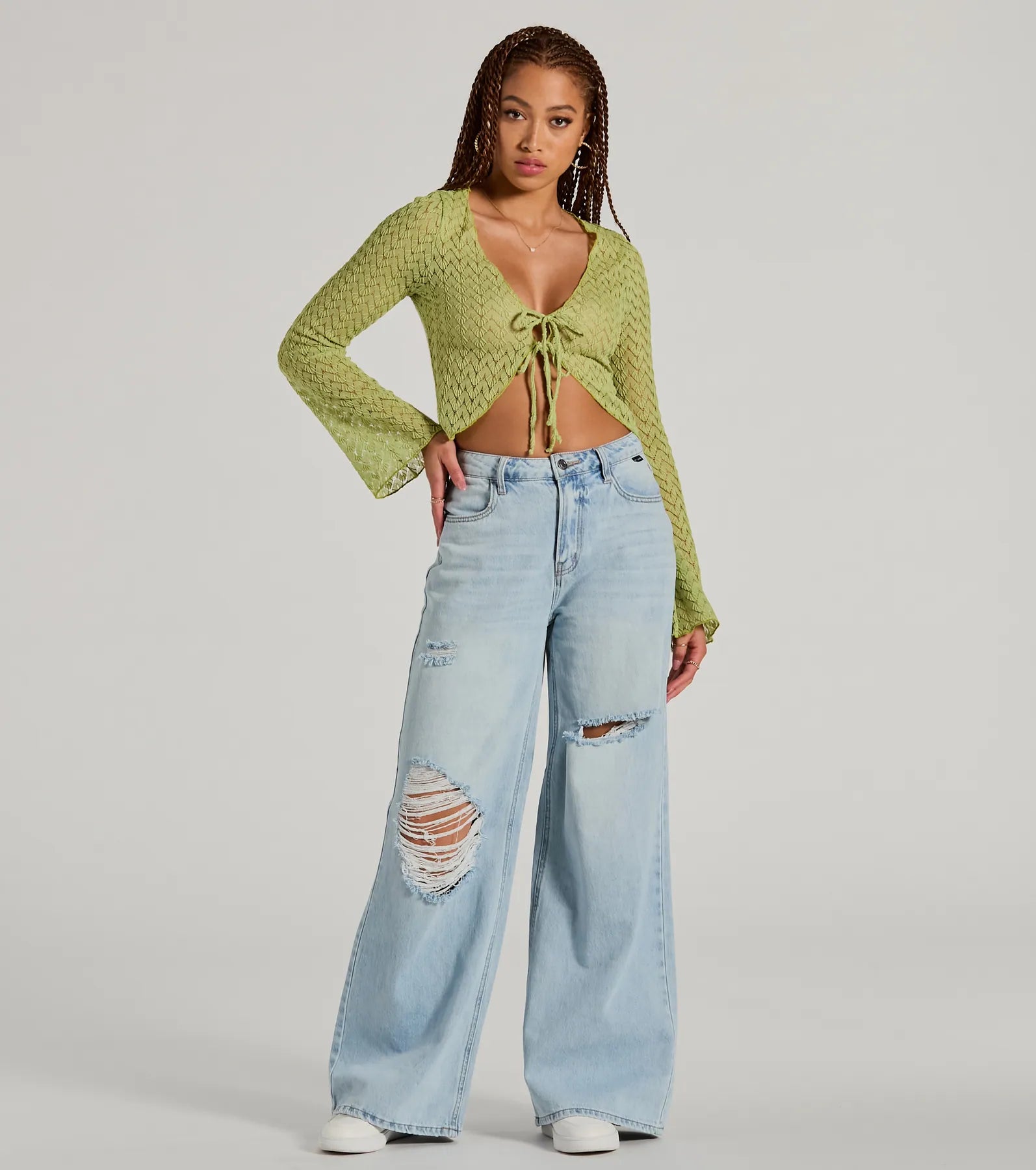 Cabana Honey Tie Front Crochet Crop Sweater - Image 3