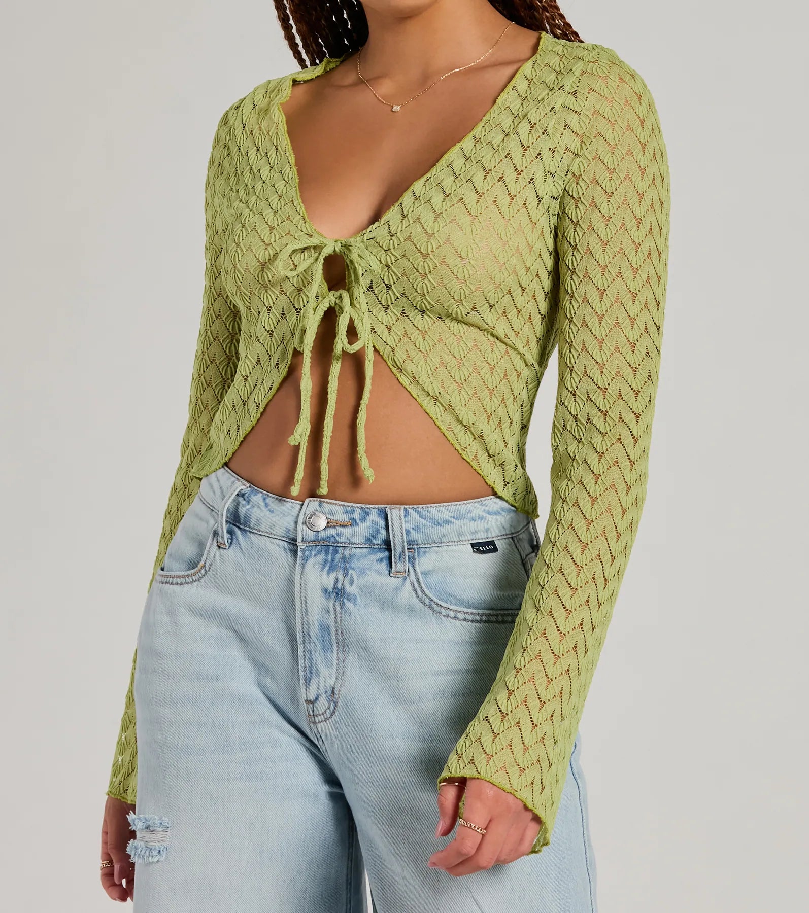 Cabana Honey Tie Front Crochet Crop Sweater - Image 4
