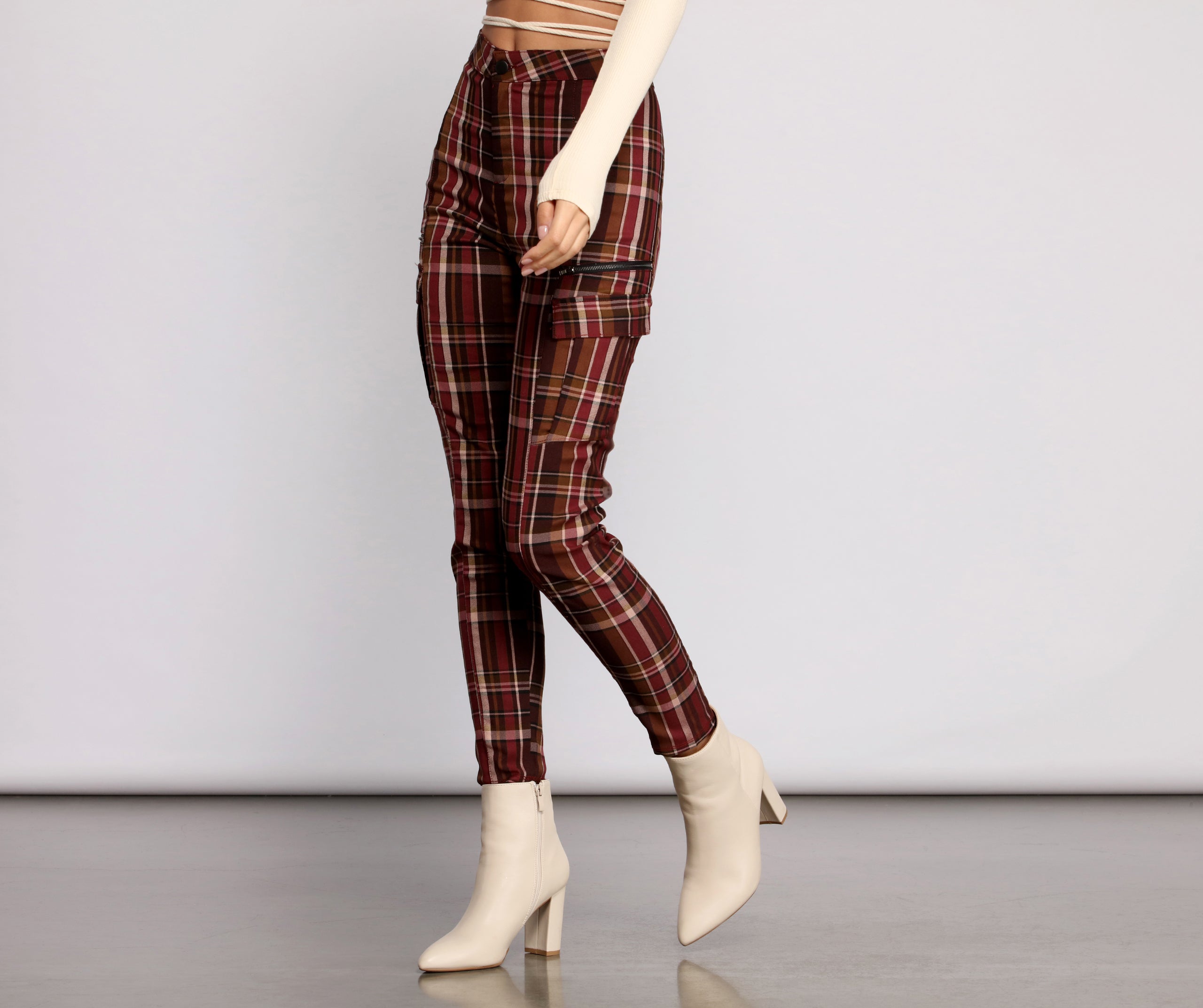 High Waist Plaid Cargo Skinny Pants - Image 3