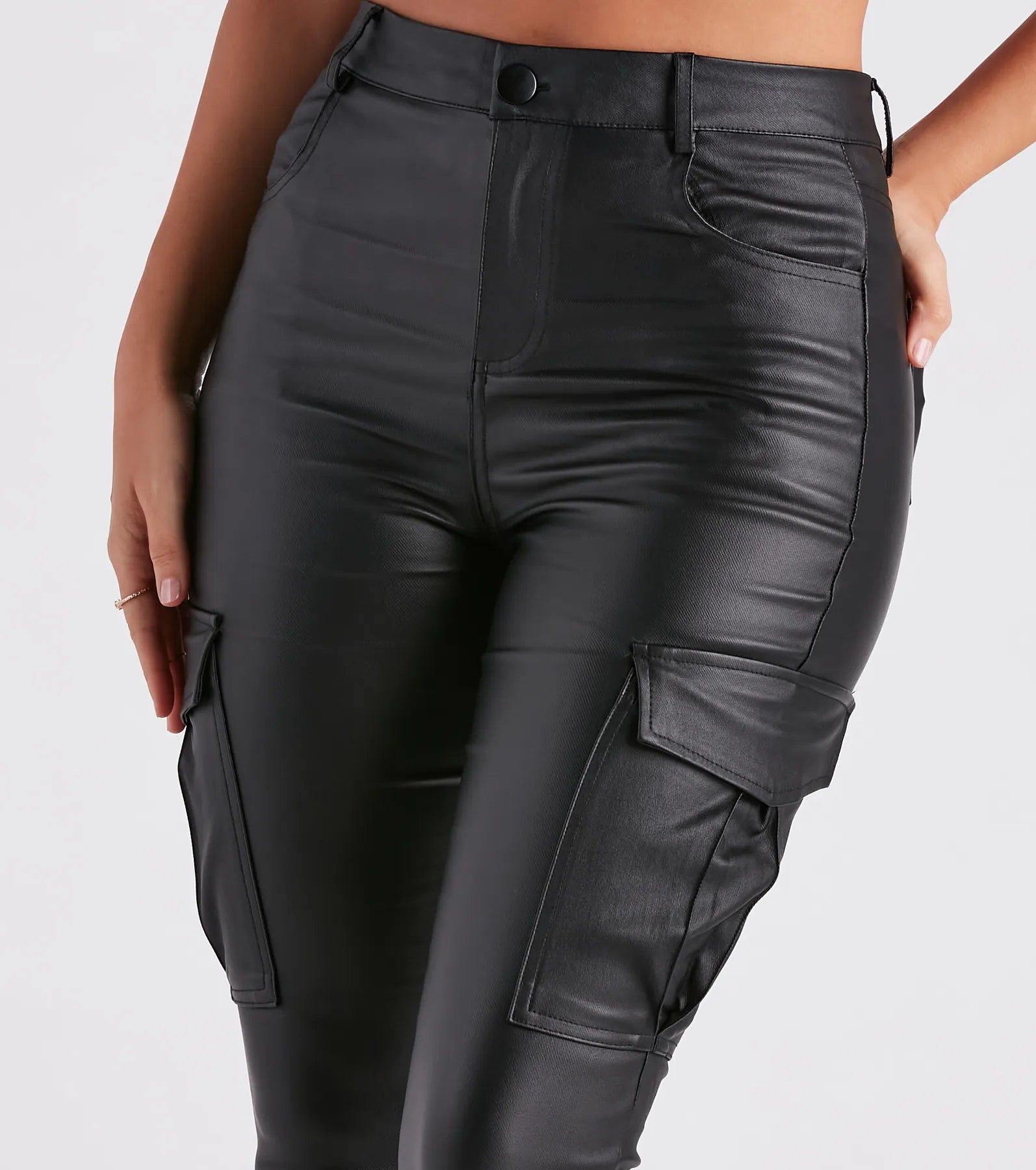 Casually Elevated Faux Leather Cargo Pants - Image 4