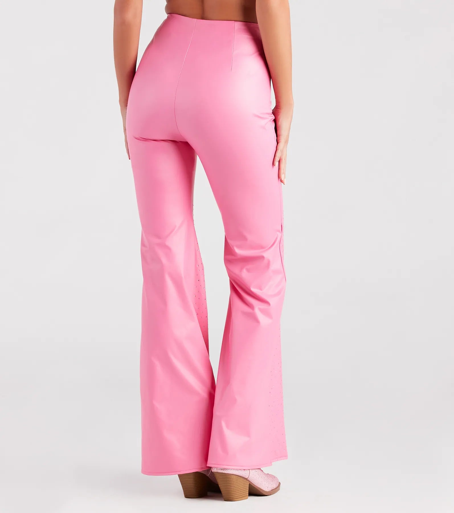 Fashion Doll Rhinestone Faux Leather Flare Pants - Image 2