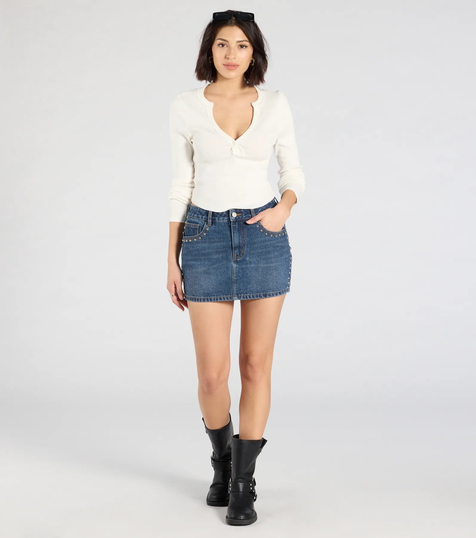 Tell Me About It Stud Mid Rise Denim Mini Skirt - Image 3