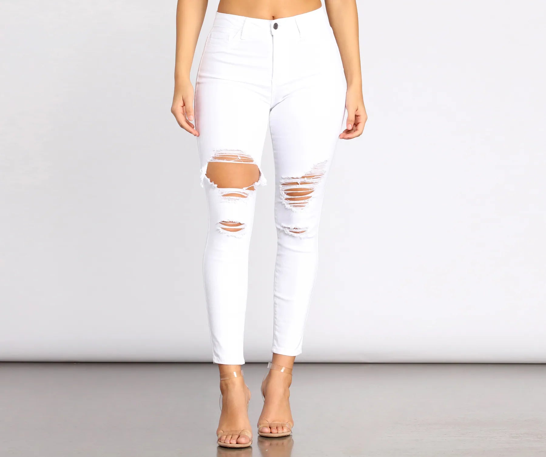 High Rise Destructed Denim Skinny Jeans - Image 4