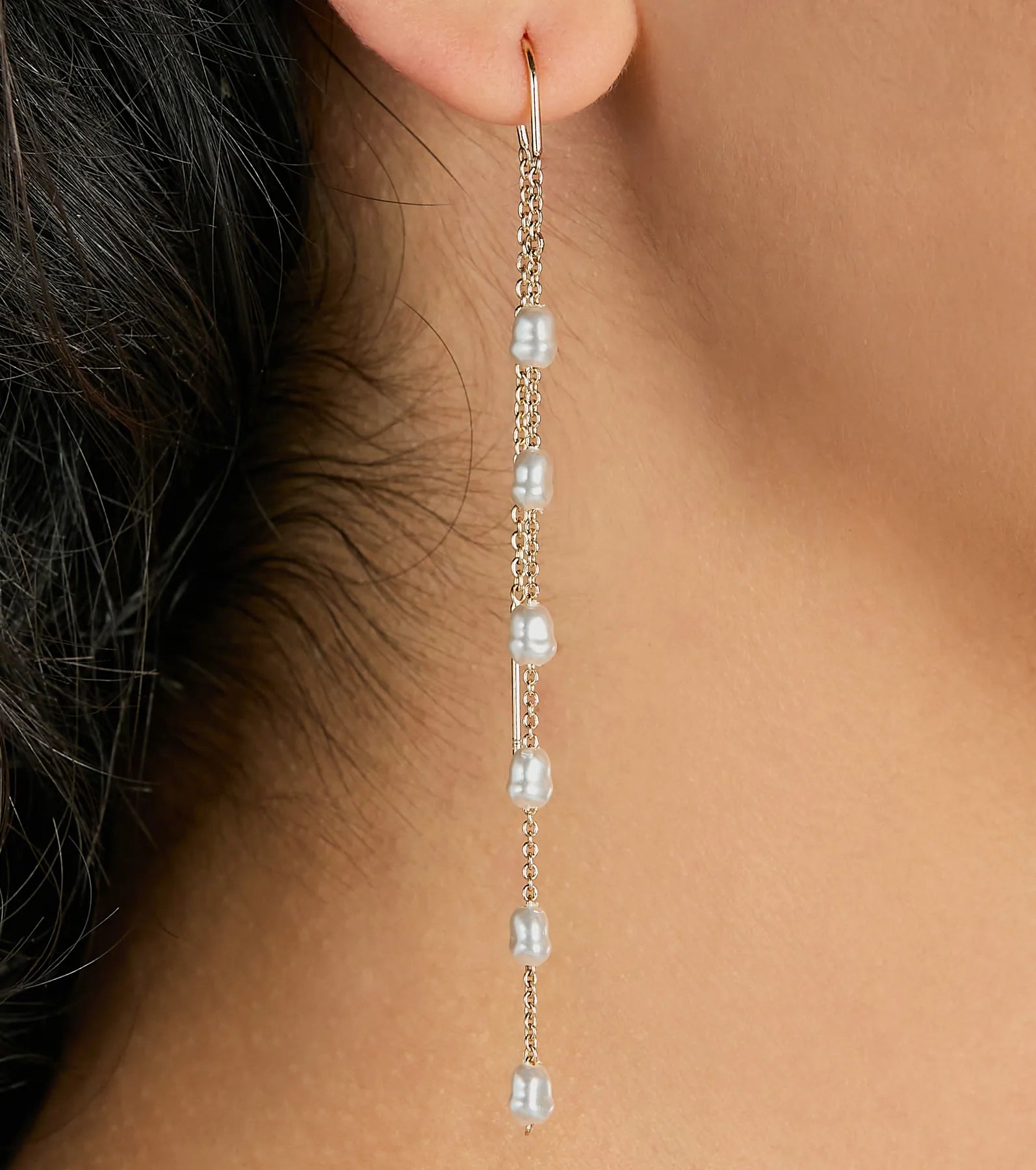 Dainty Chic Pearl Chain Threader Earrings - Image 2