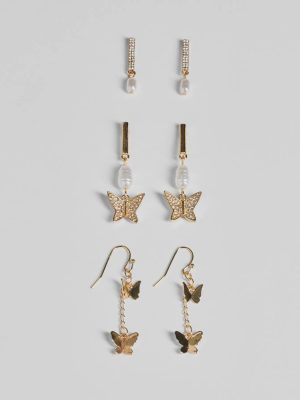 Glam Rhinestone And Pearl Butterfly Earrings Set