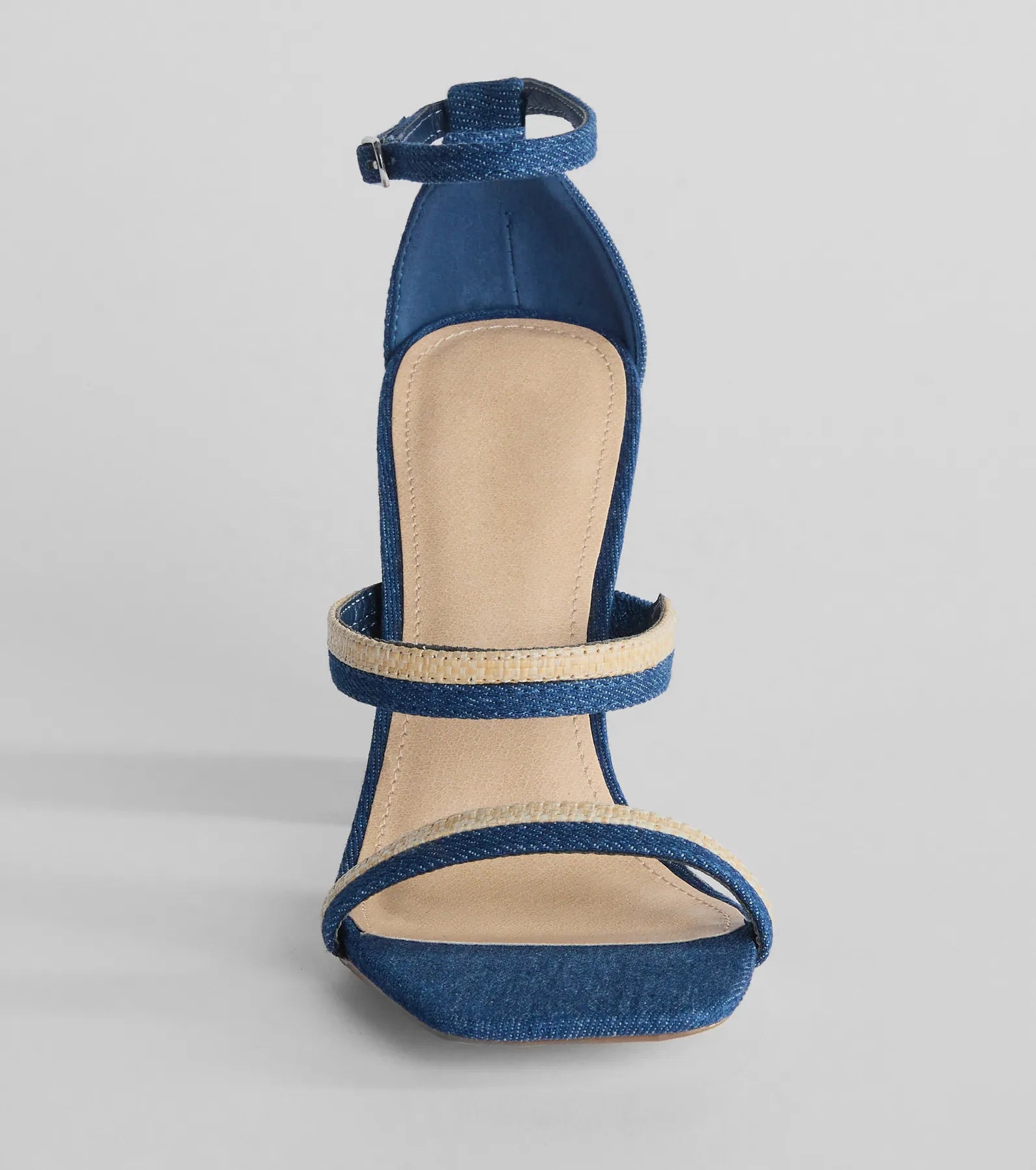 Sunshine Check Strappy Straw Denim Block Heels - Image 6