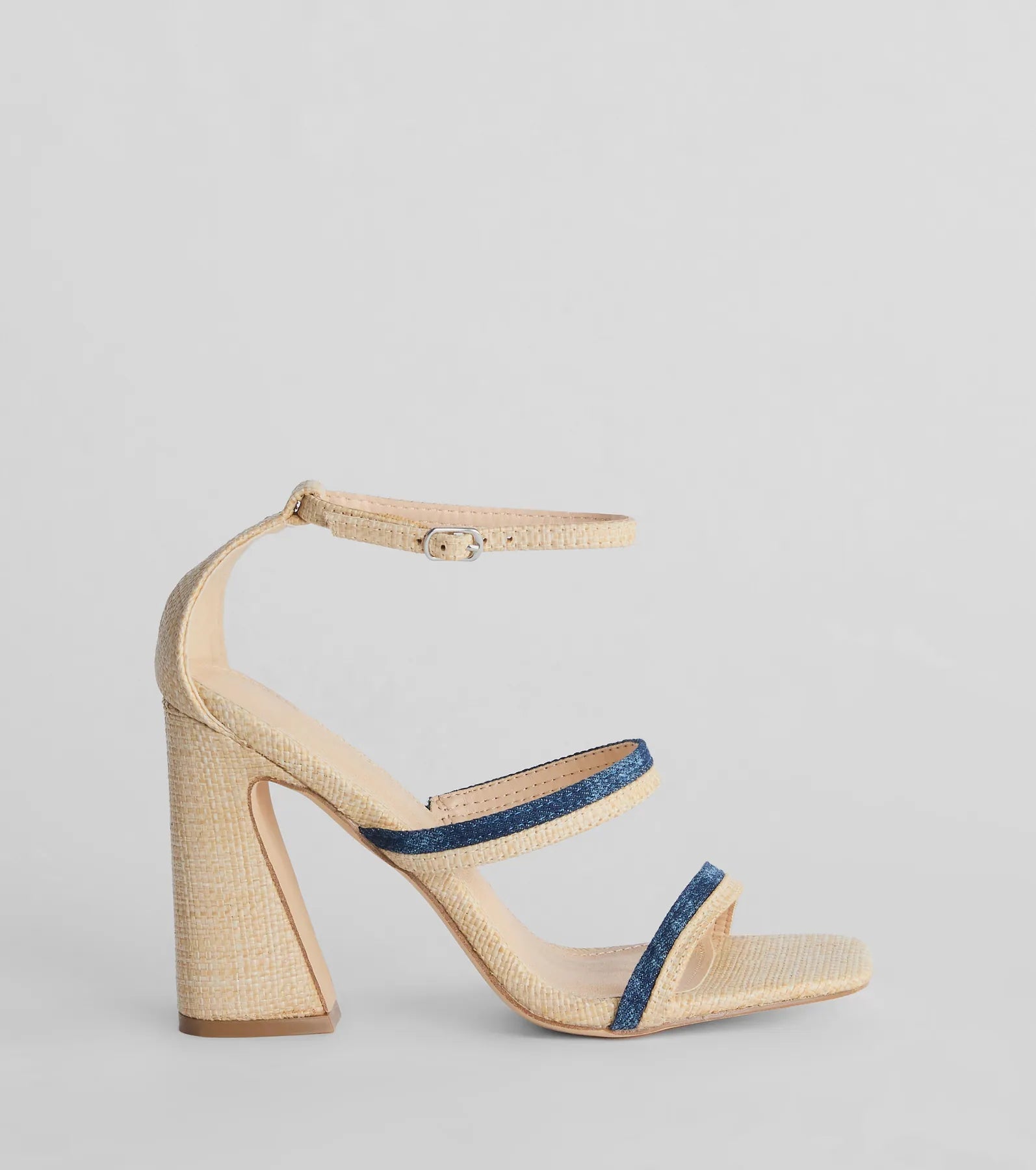 Sunshine Check Strappy Straw Denim Block Heels - Image 2