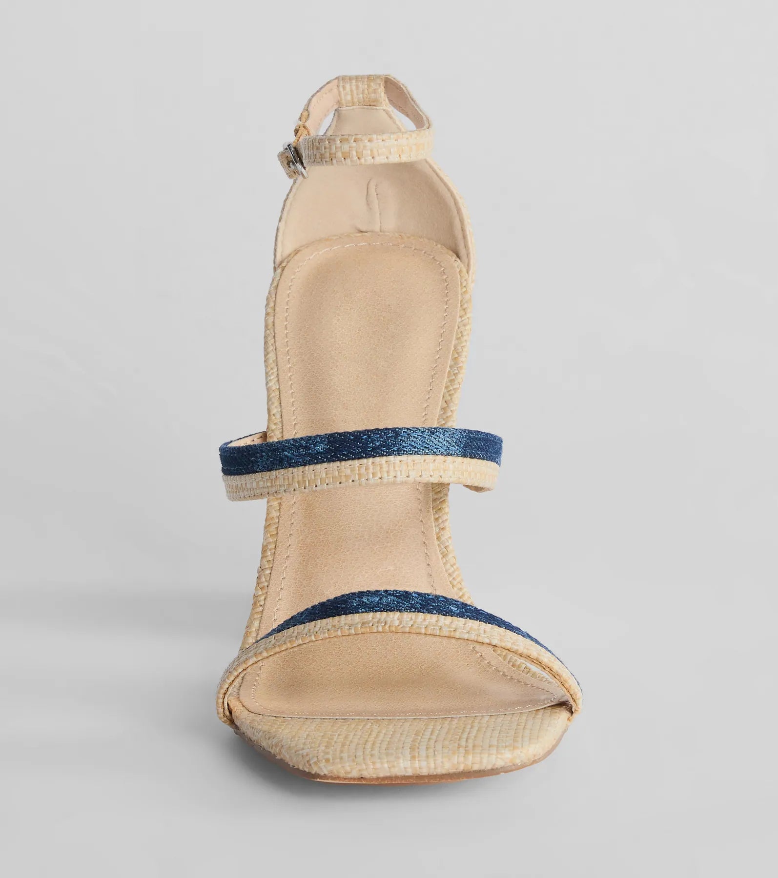 Sunshine Check Strappy Straw Denim Block Heels - Image 3