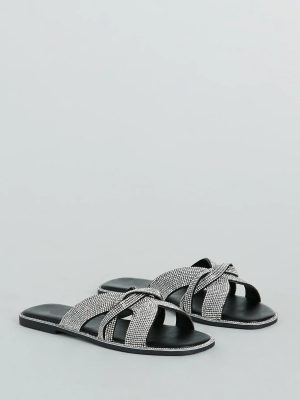 So Glitzy Rhinestone Strappy Faux Leather Sandals