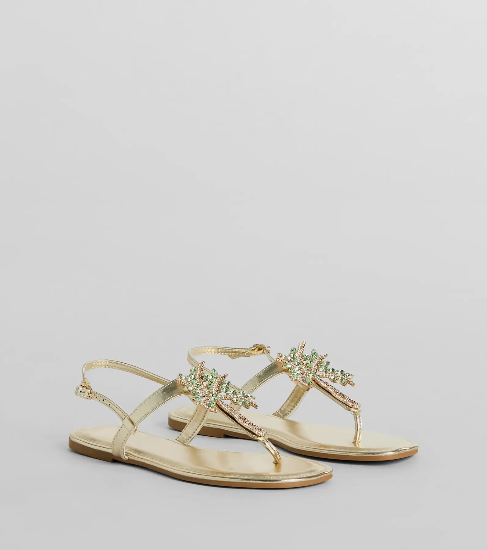Beachy Glam Rhinestone Palm Tree Metallic Sandals - Image 5