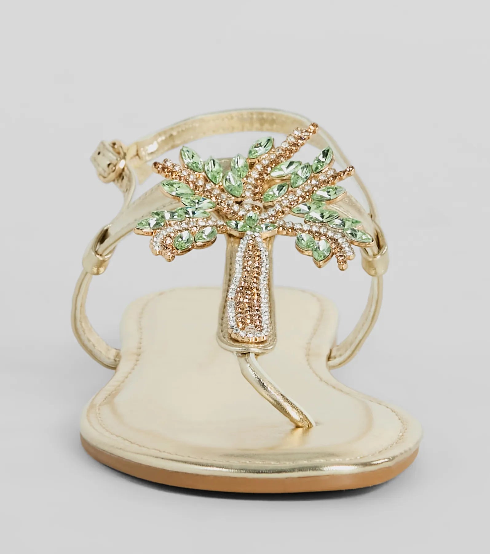 Beachy Glam Rhinestone Palm Tree Metallic Sandals - Image 7