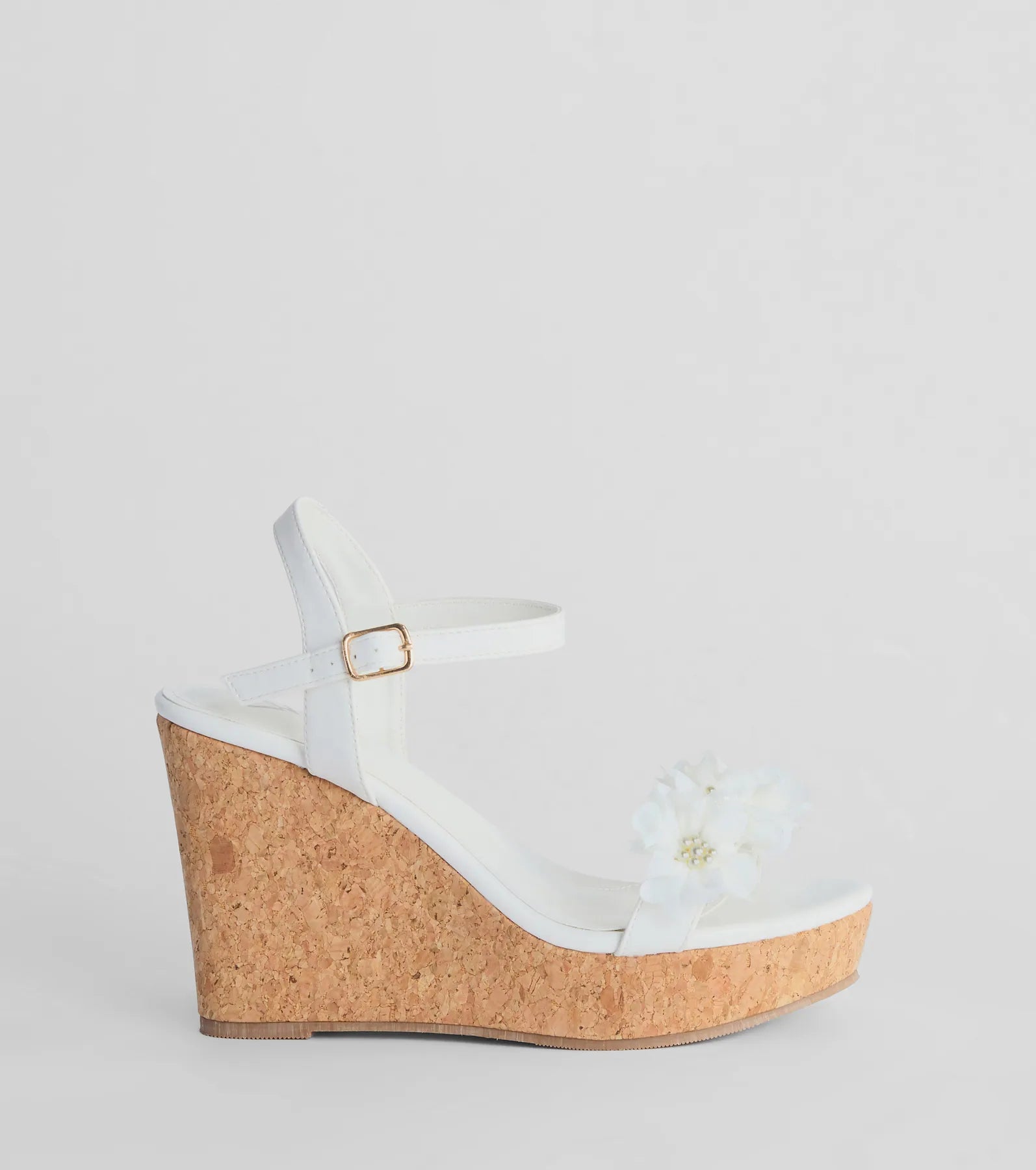 Whimsical Touch Pearl Flower Strap Cork Wedges - Image 2